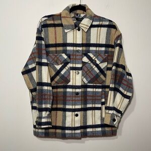 ZARA women’s tan Wool Blend Plaid Shacket Jacket Neutral Oversized Button Up XS